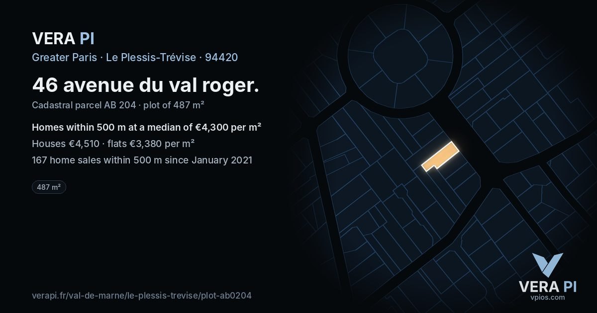 46 avenue du val roger, Le Plessis-Trévise at night – the plot lit, the parcels around coloured by the prices near them