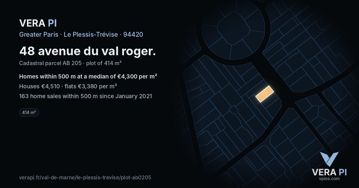 48 avenue du val roger, Le Plessis-Trévise at night – the plot lit, the parcels around coloured by the prices near them