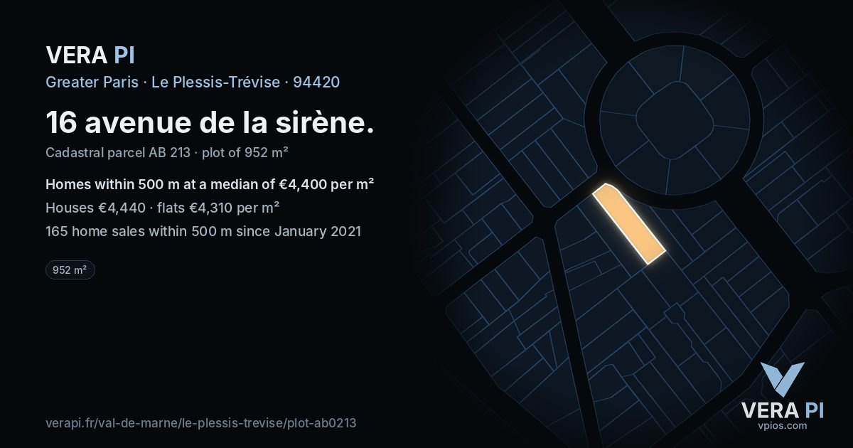 16 avenue de la sirène, Le Plessis-Trévise at night – the plot lit, the parcels around coloured by the prices near them