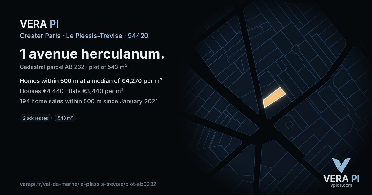 1 avenue herculanum, Le Plessis-Trévise at night – the plot lit, the parcels around coloured by the prices near them