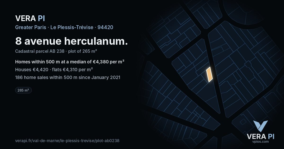 8 avenue herculanum, Le Plessis-Trévise at night – the plot lit, the parcels around coloured by the prices near them