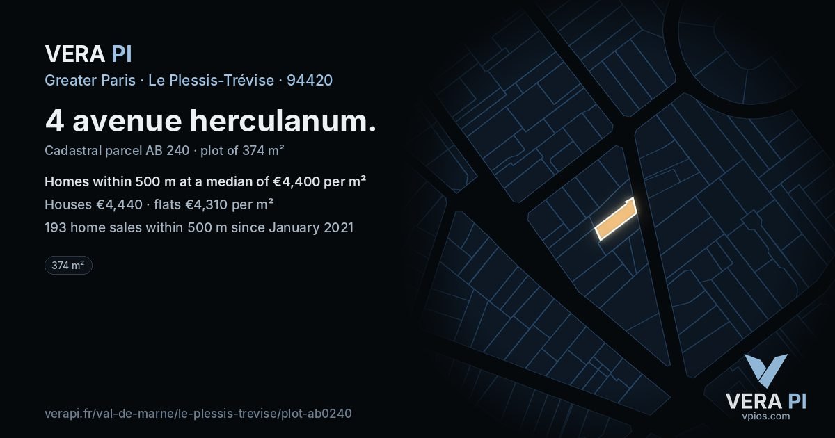 4 avenue herculanum, Le Plessis-Trévise at night – the plot lit, the parcels around coloured by the prices near them