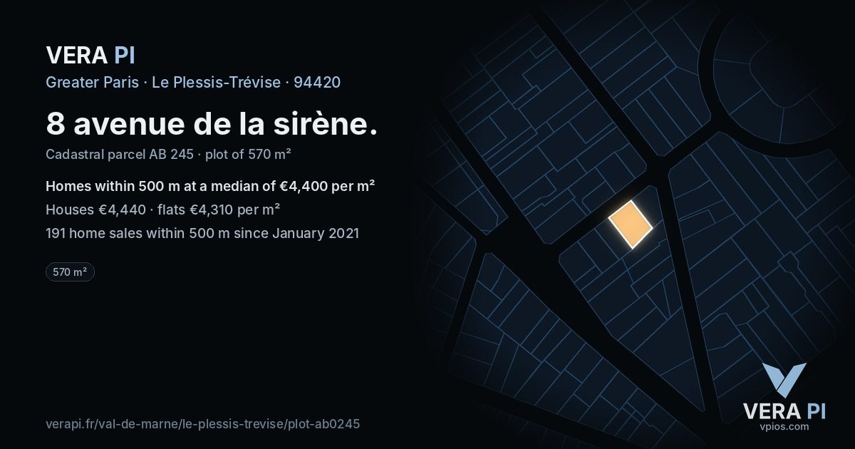 8 avenue de la sirène, Le Plessis-Trévise at night – the plot lit, the parcels around coloured by the prices near them