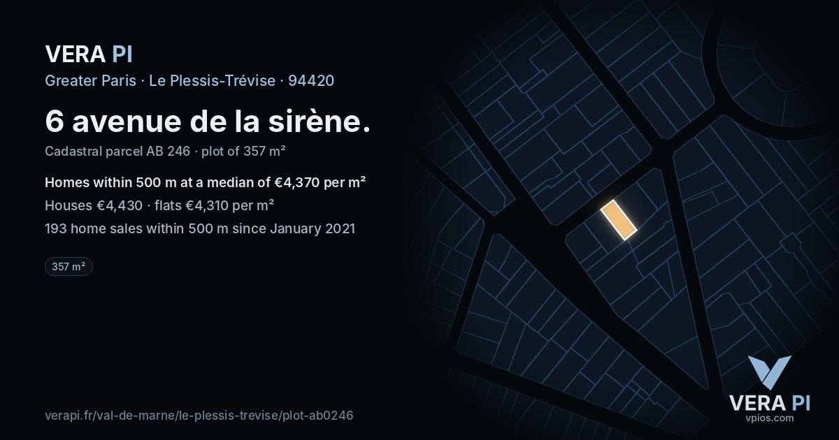 6 avenue de la sirène, Le Plessis-Trévise at night – the plot lit, the parcels around coloured by the prices near them
