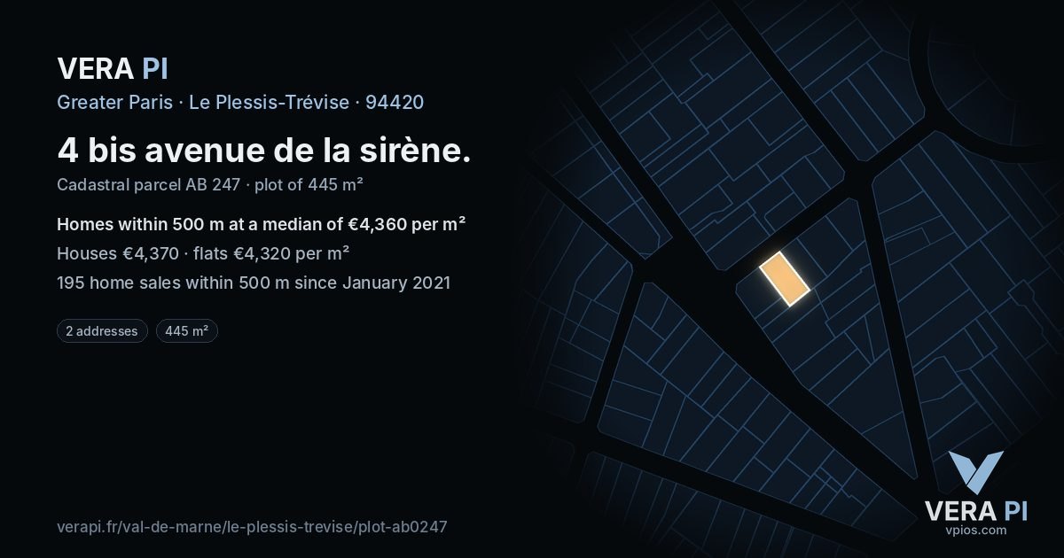 4 bis avenue de la sirène, Le Plessis-Trévise at night – the plot lit, the parcels around coloured by the prices near them