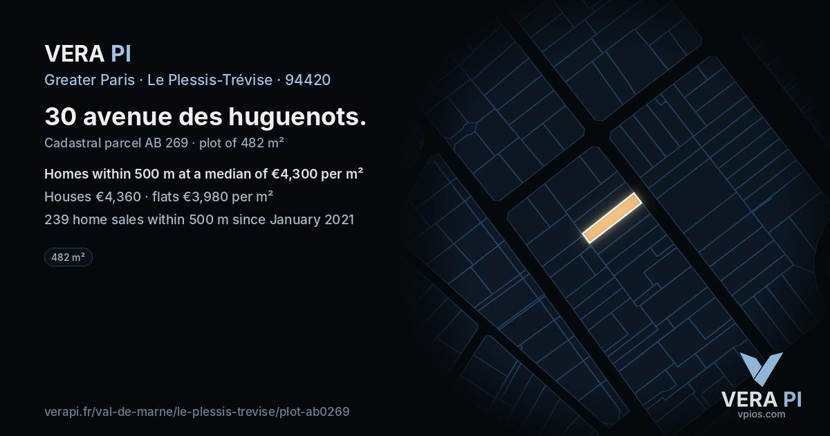 30 avenue des huguenots, Le Plessis-Trévise at night – the plot lit, the parcels around coloured by the prices near them