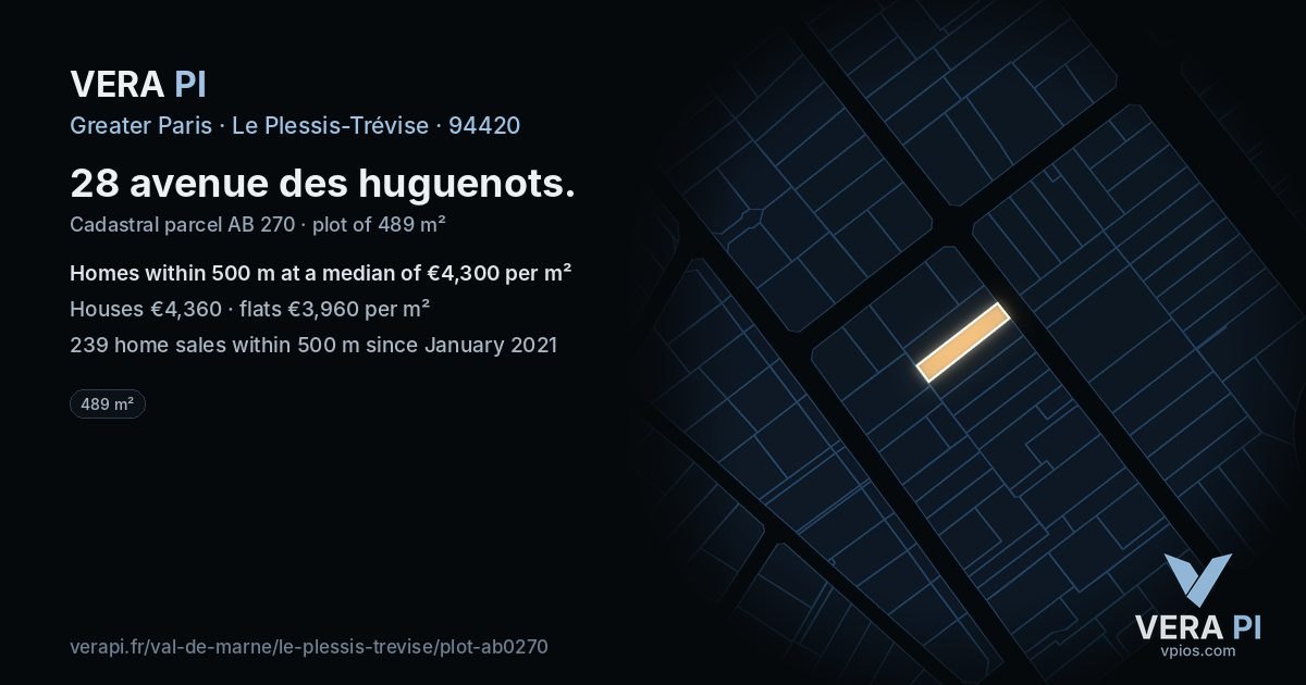 28 avenue des huguenots, Le Plessis-Trévise at night – the plot lit, the parcels around coloured by the prices near them
