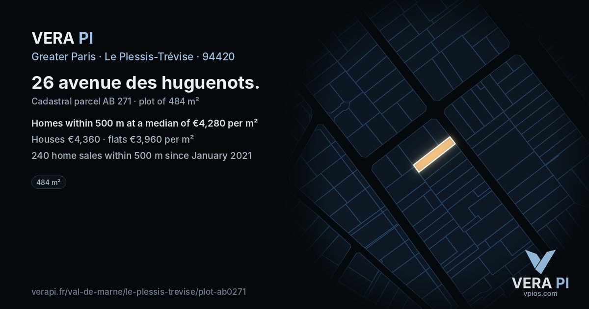 26 avenue des huguenots, Le Plessis-Trévise at night – the plot lit, the parcels around coloured by the prices near them