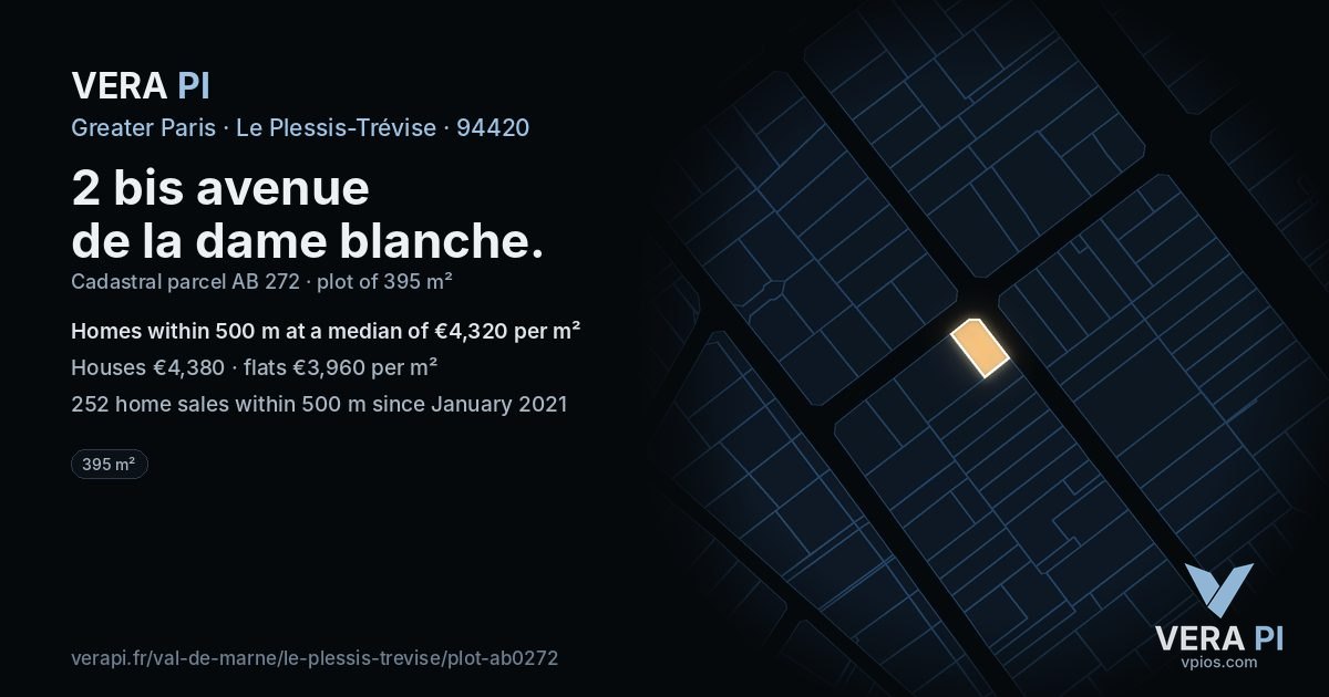 2 bis avenue de la dame blanche, Le Plessis-Trévise at night – the plot lit, the parcels around coloured by the prices near them