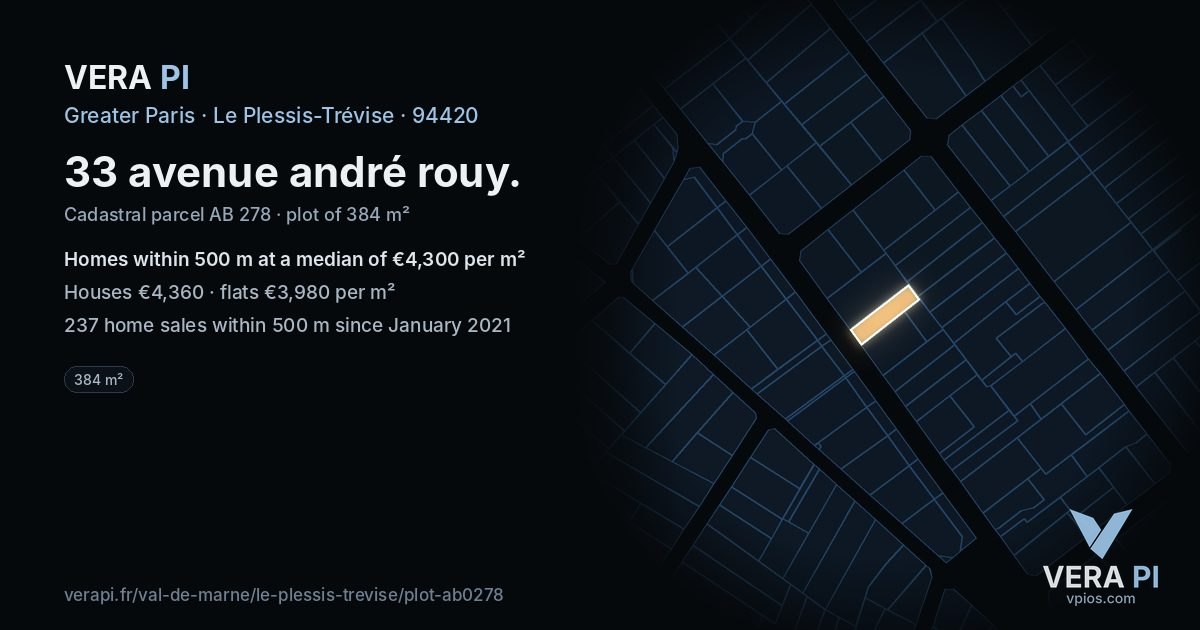 33 avenue andré rouy, Le Plessis-Trévise at night – the plot lit, the parcels around coloured by the prices near them
