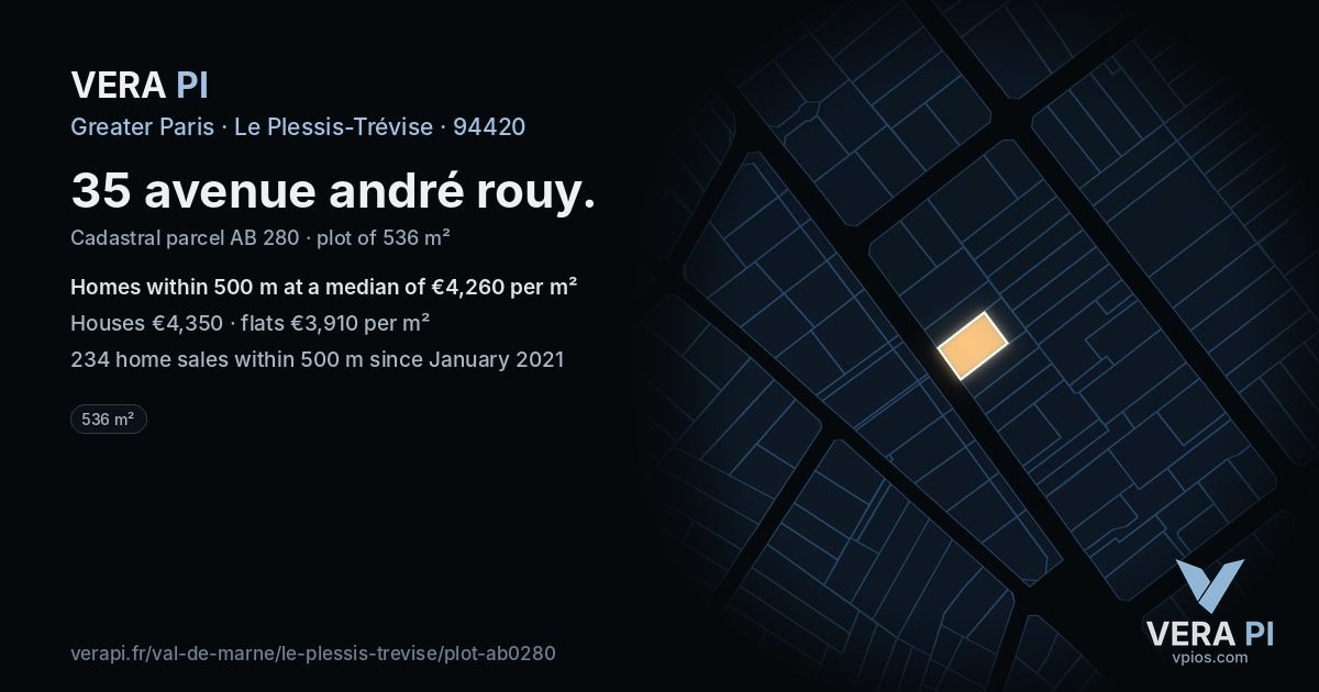 35 avenue andré rouy, Le Plessis-Trévise at night – the plot lit, the parcels around coloured by the prices near them