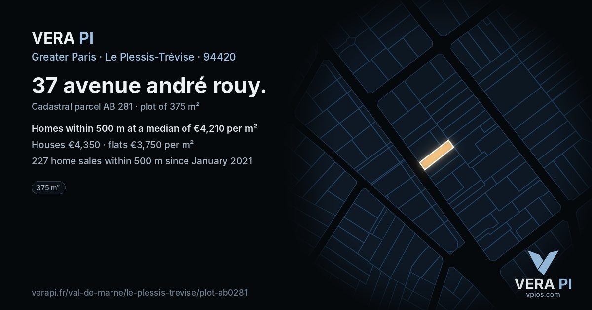 37 avenue andré rouy, Le Plessis-Trévise at night – the plot lit, the parcels around coloured by the prices near them