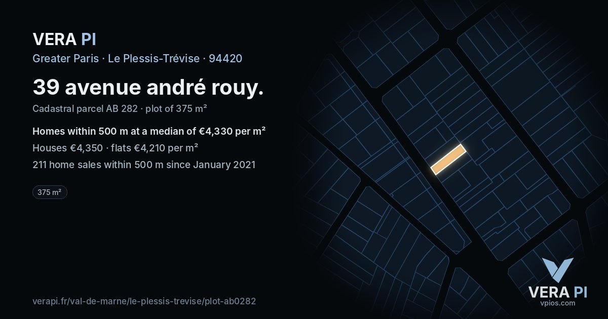 39 avenue andré rouy, Le Plessis-Trévise at night – the plot lit, the parcels around coloured by the prices near them