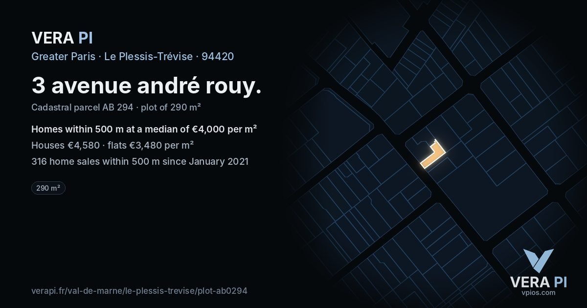 3 avenue andré rouy, Le Plessis-Trévise at night – the plot lit, the parcels around coloured by the prices near them