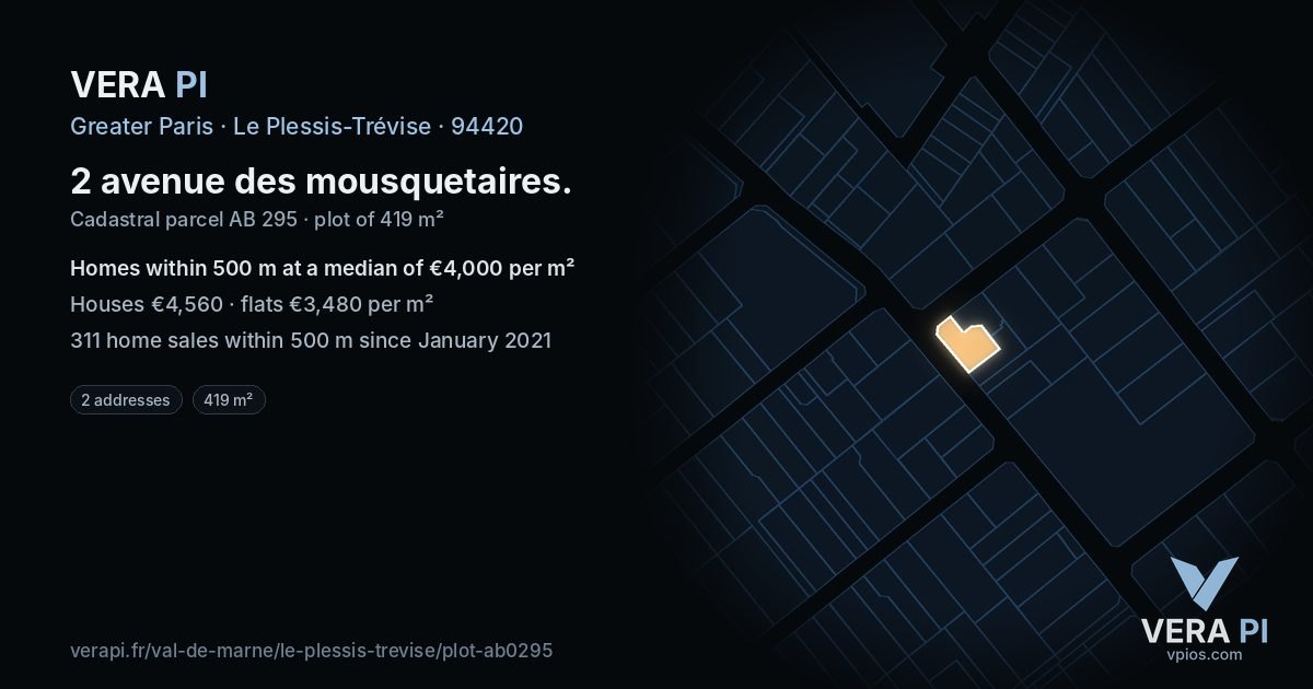 2 avenue des mousquetaires, Le Plessis-Trévise at night – the plot lit, the parcels around coloured by the prices near them