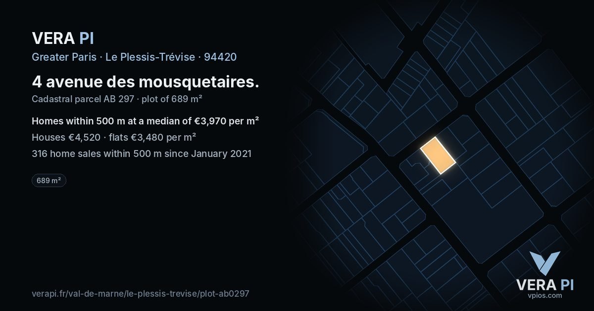 4 avenue des mousquetaires, Le Plessis-Trévise at night – the plot lit, the parcels around coloured by the prices near them