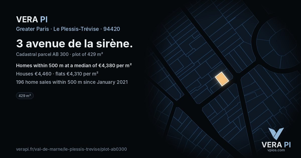 3 avenue de la sirène, Le Plessis-Trévise at night – the plot lit, the parcels around coloured by the prices near them
