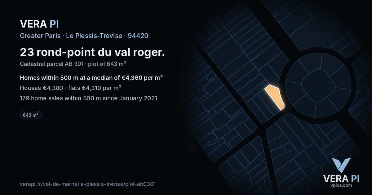 23 rond-point du val roger, Le Plessis-Trévise at night – the plot lit, the parcels around coloured by the prices near them