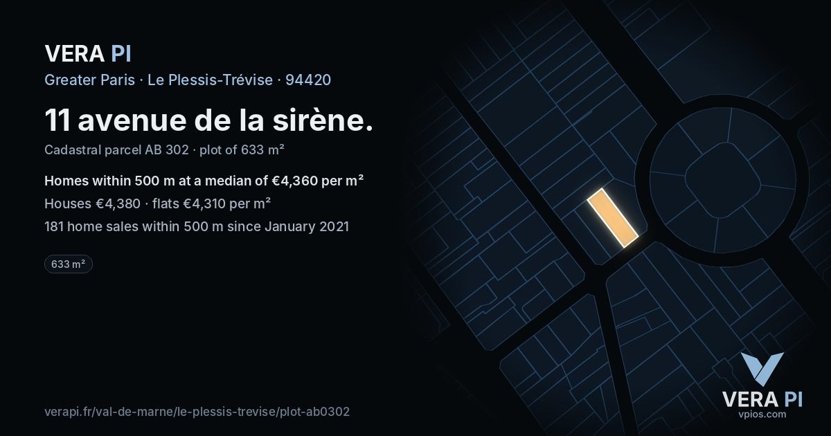 11 avenue de la sirène, Le Plessis-Trévise at night – the plot lit, the parcels around coloured by the prices near them
