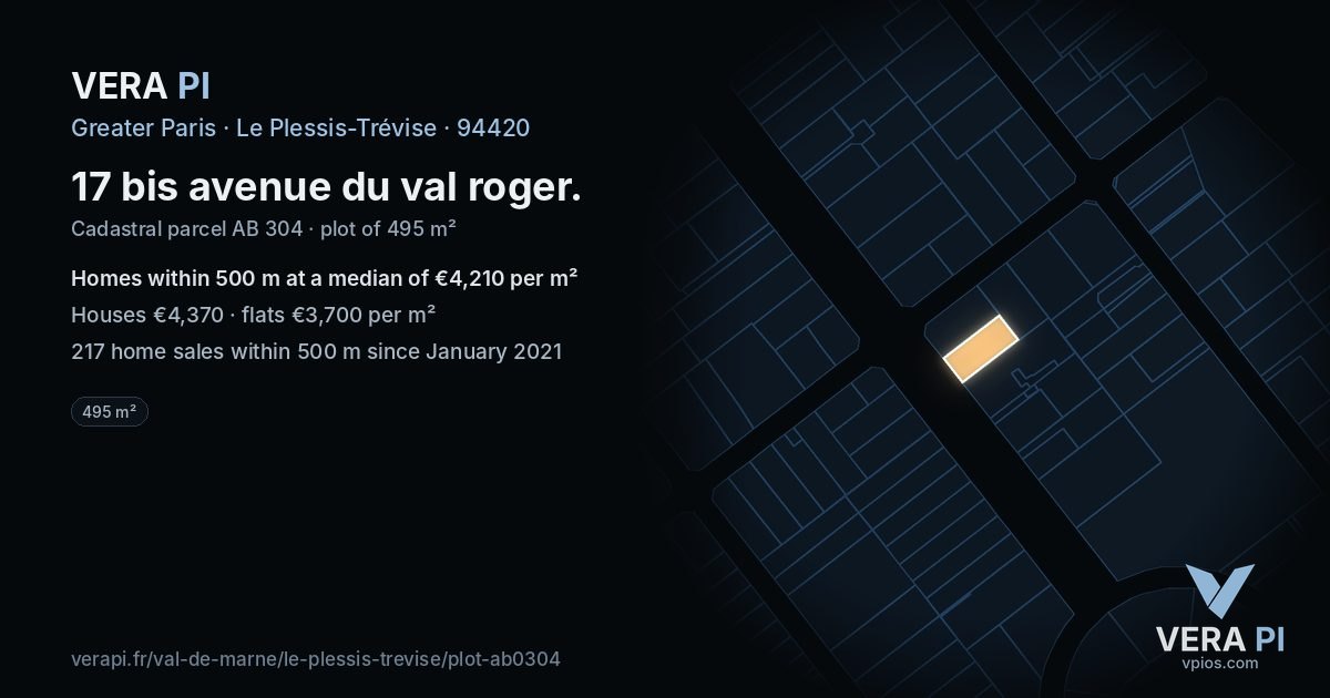 17 bis avenue du val roger, Le Plessis-Trévise at night – the plot lit, the parcels around coloured by the prices near them