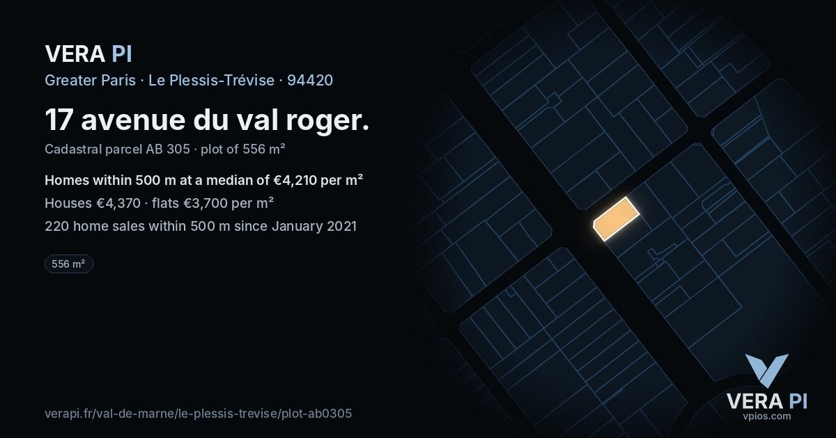 17 avenue du val roger, Le Plessis-Trévise at night – the plot lit, the parcels around coloured by the prices near them