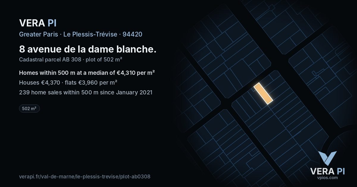 8 avenue de la dame blanche, Le Plessis-Trévise at night – the plot lit, the parcels around coloured by the prices near them