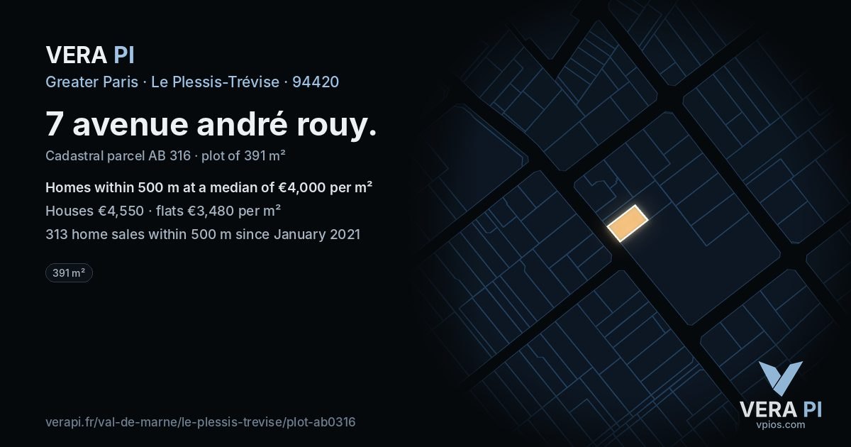 7 avenue andré rouy, Le Plessis-Trévise at night – the plot lit, the parcels around coloured by the prices near them