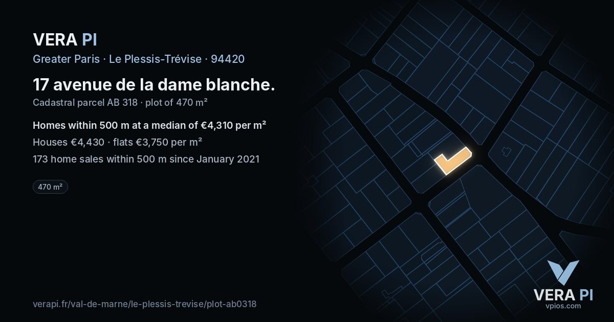 17 avenue de la dame blanche, Le Plessis-Trévise at night – the plot lit, the parcels around coloured by the prices near them