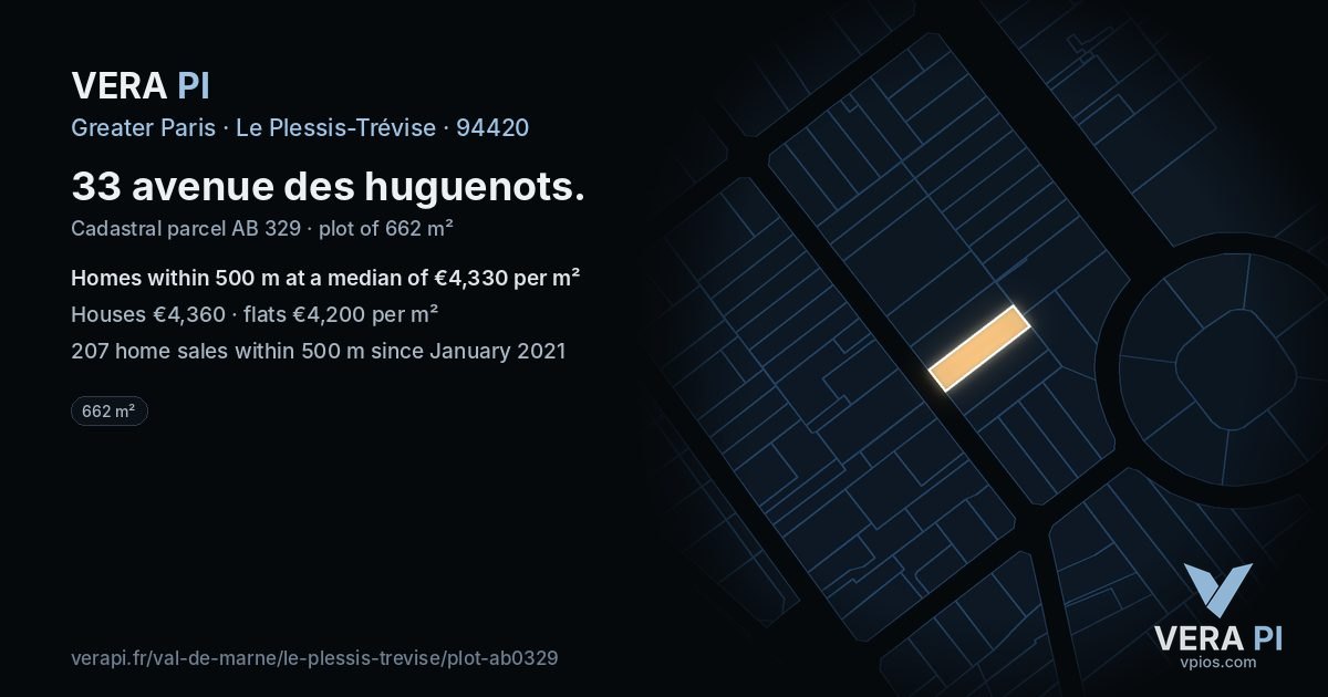 33 avenue des huguenots, Le Plessis-Trévise at night – the plot lit, the parcels around coloured by the prices near them