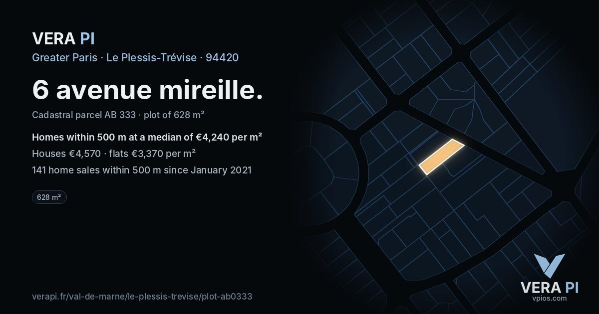 6 avenue mireille, Le Plessis-Trévise at night – the plot lit, the parcels around coloured by the prices near them