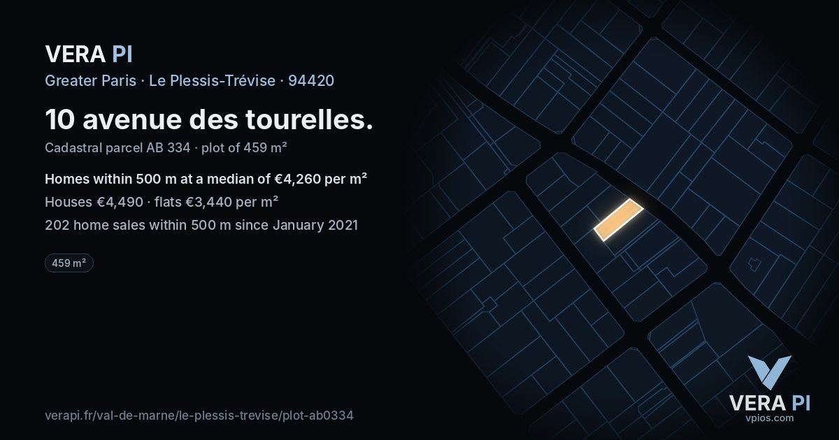 10 avenue des tourelles, Le Plessis-Trévise at night – the plot lit, the parcels around coloured by the prices near them