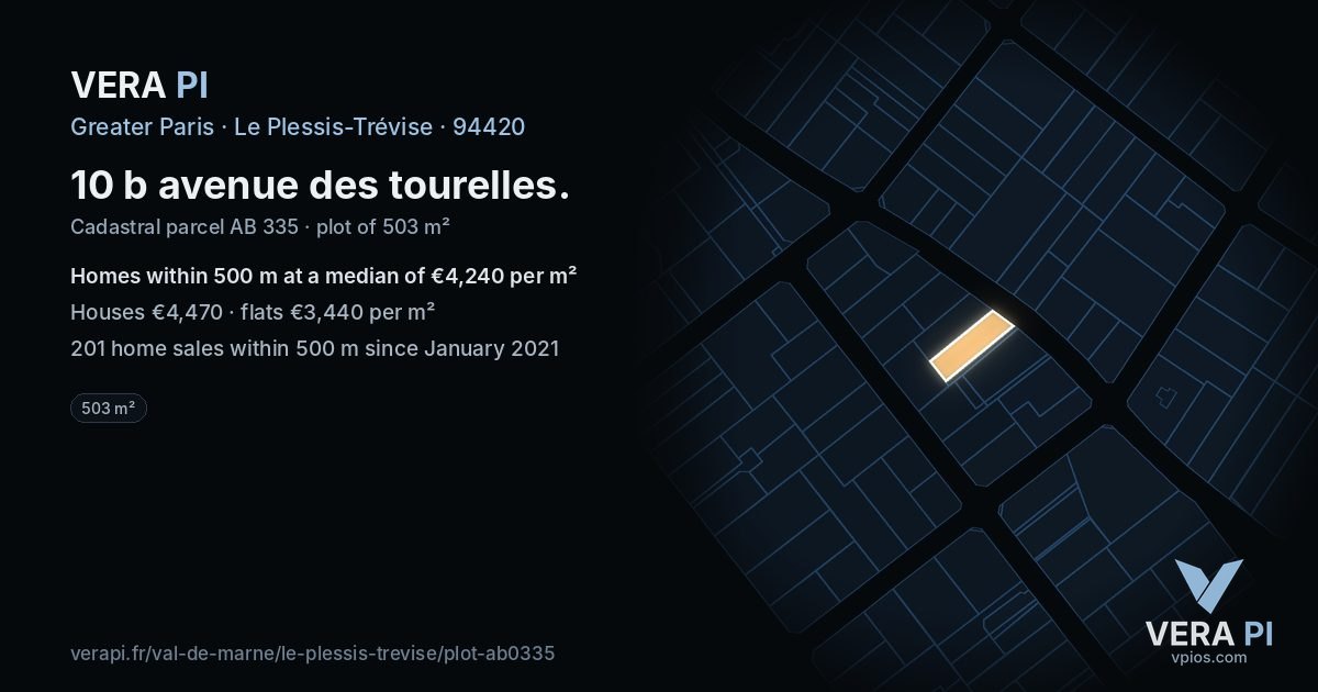 10 b avenue des tourelles, Le Plessis-Trévise at night – the plot lit, the parcels around coloured by the prices near them