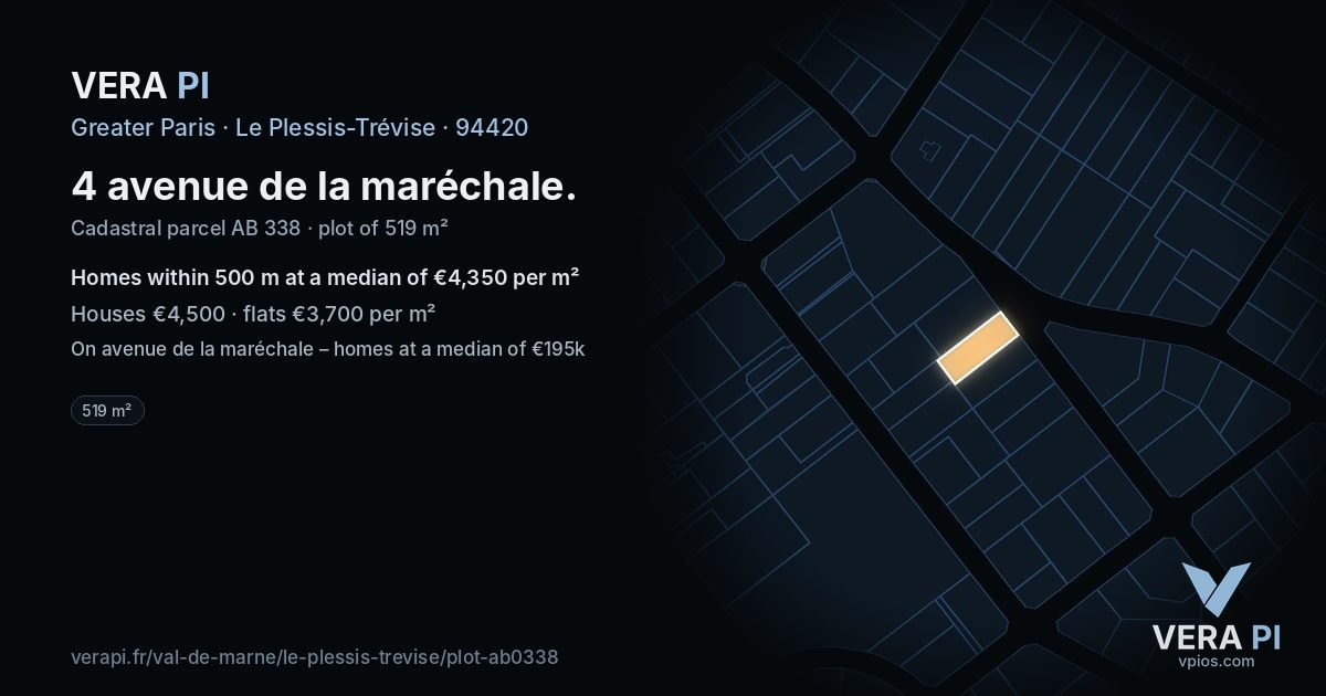 4 avenue de la maréchale, Le Plessis-Trévise at night – the plot lit, the parcels around coloured by the prices near them