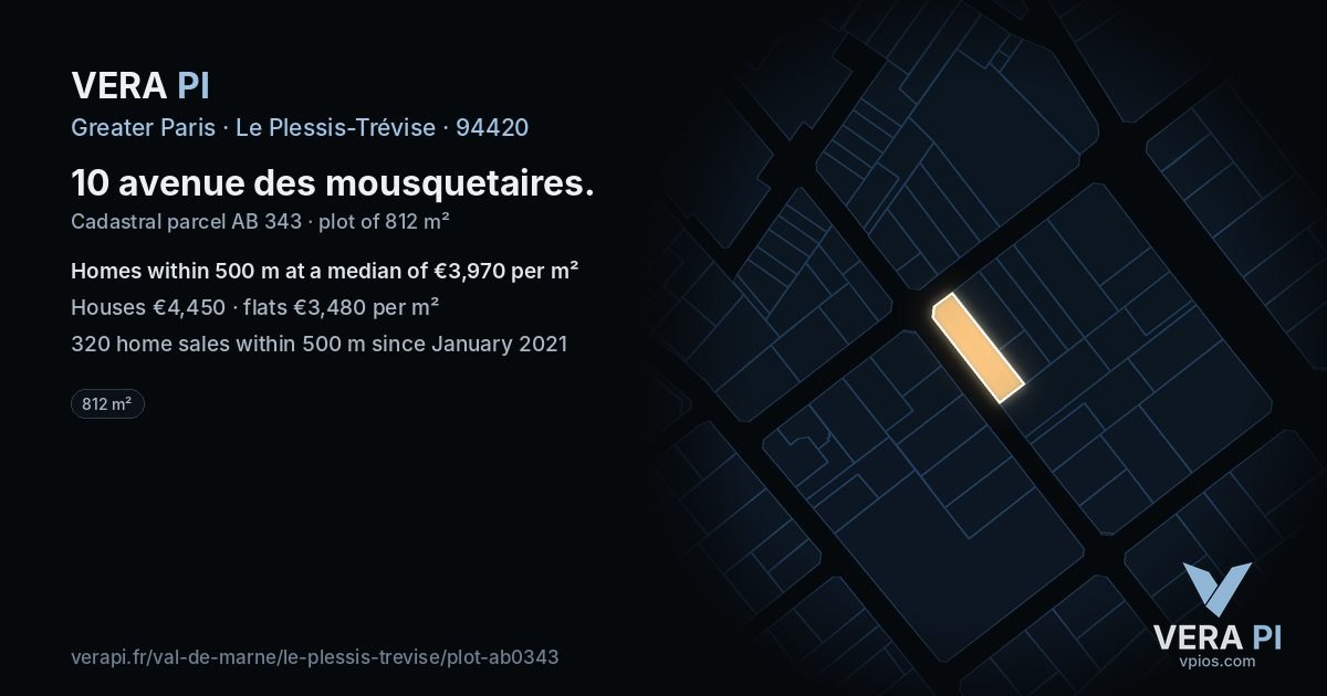 10 avenue des mousquetaires, Le Plessis-Trévise at night – the plot lit, the parcels around coloured by the prices near them
