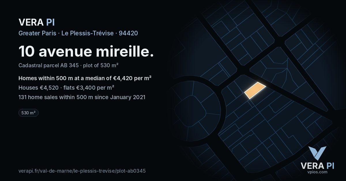 10 avenue mireille, Le Plessis-Trévise at night – the plot lit, the parcels around coloured by the prices near them