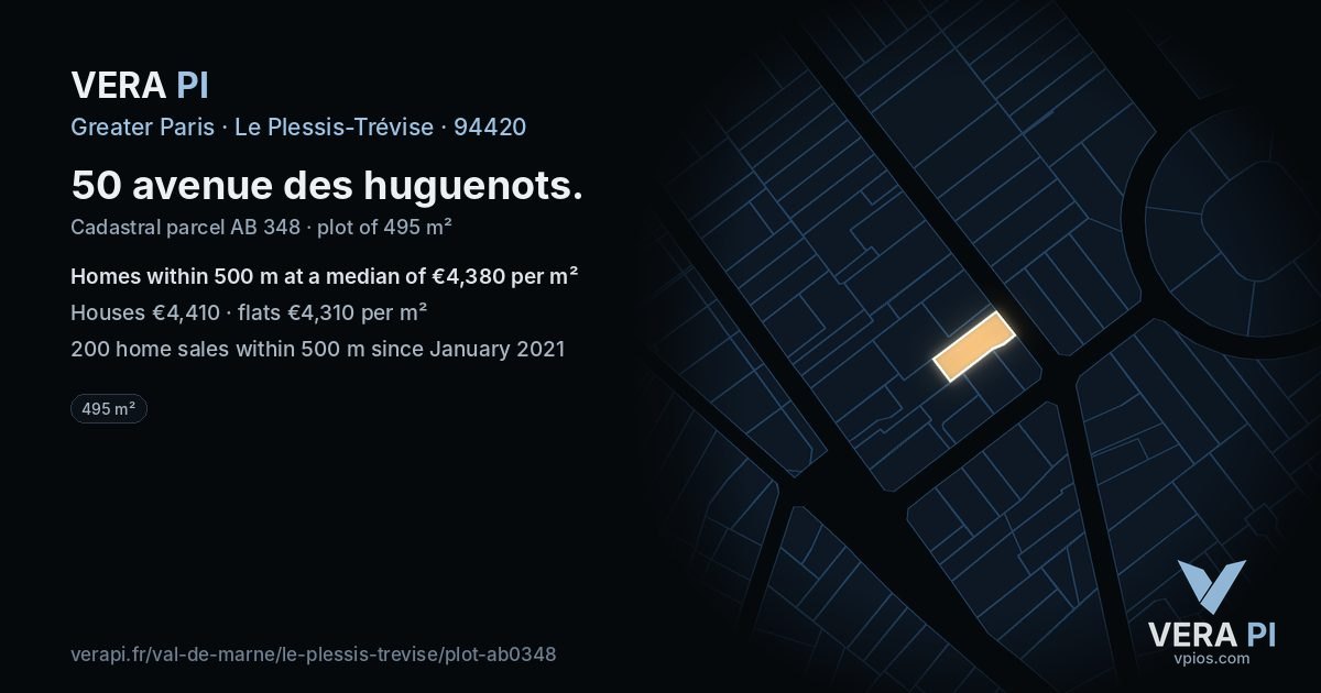 50 avenue des huguenots, Le Plessis-Trévise at night – the plot lit, the parcels around coloured by the prices near them