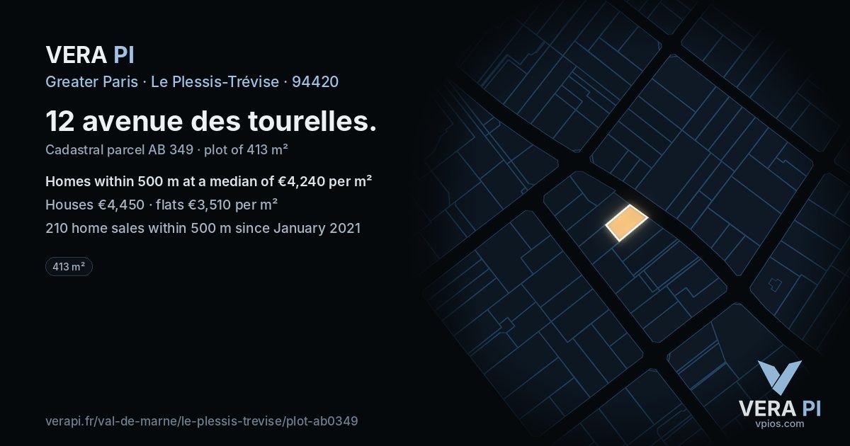 12 avenue des tourelles, Le Plessis-Trévise at night – the plot lit, the parcels around coloured by the prices near them