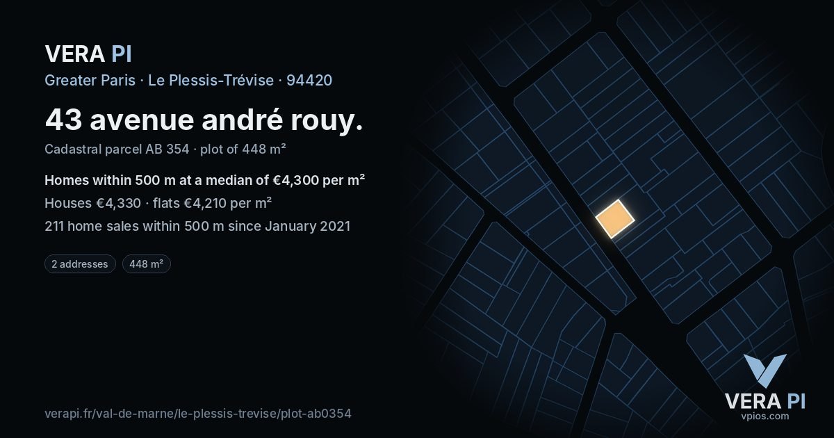 43 avenue andré rouy, Le Plessis-Trévise at night – the plot lit, the parcels around coloured by the prices near them