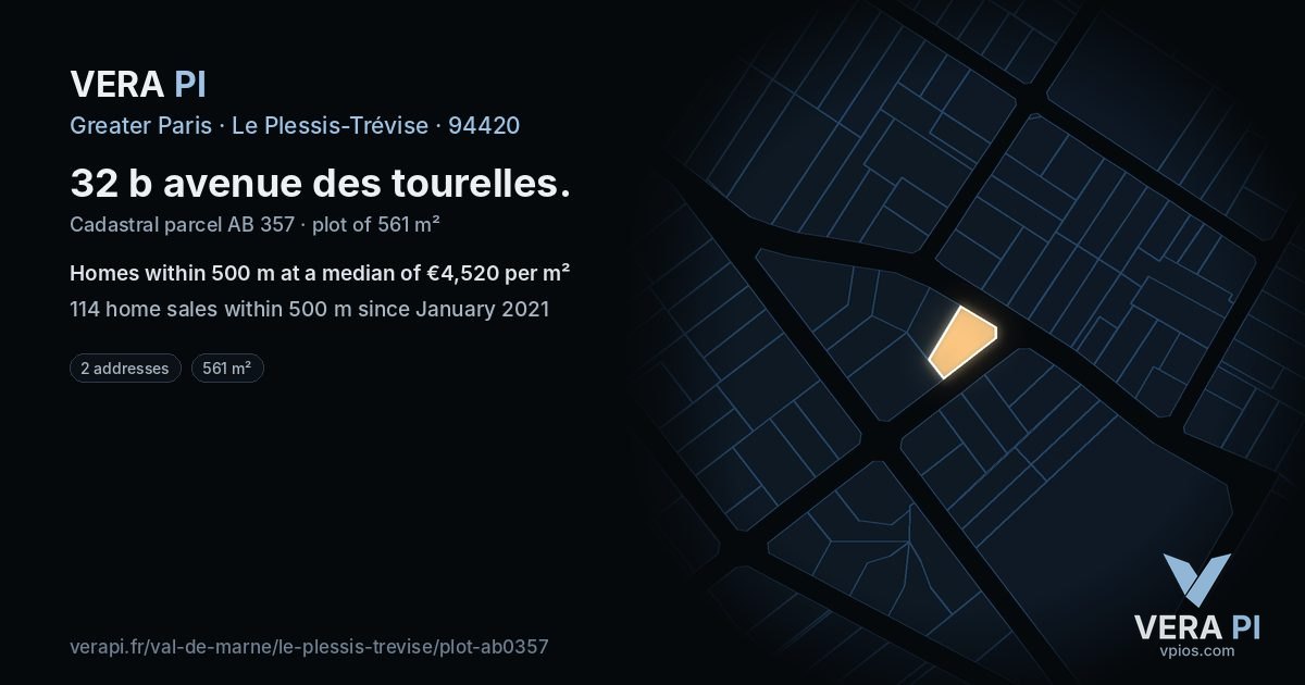 32 b avenue des tourelles, Le Plessis-Trévise at night – the plot lit, the parcels around coloured by the prices near them