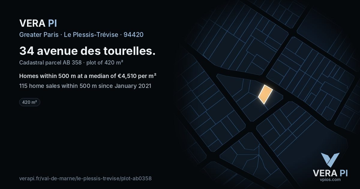34 avenue des tourelles, Le Plessis-Trévise at night – the plot lit, the parcels around coloured by the prices near them