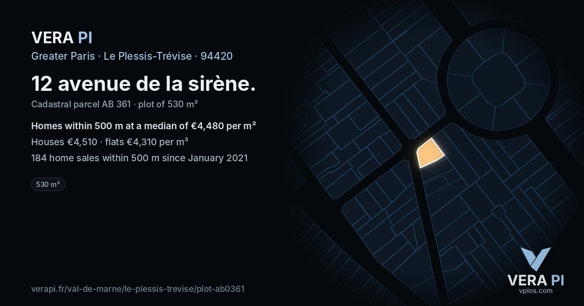12 avenue de la sirène, Le Plessis-Trévise at night – the plot lit, the parcels around coloured by the prices near them