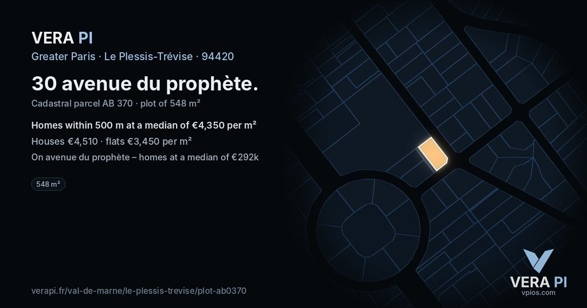 30 avenue du prophète, Le Plessis-Trévise at night – the plot lit, the parcels around coloured by the prices near them