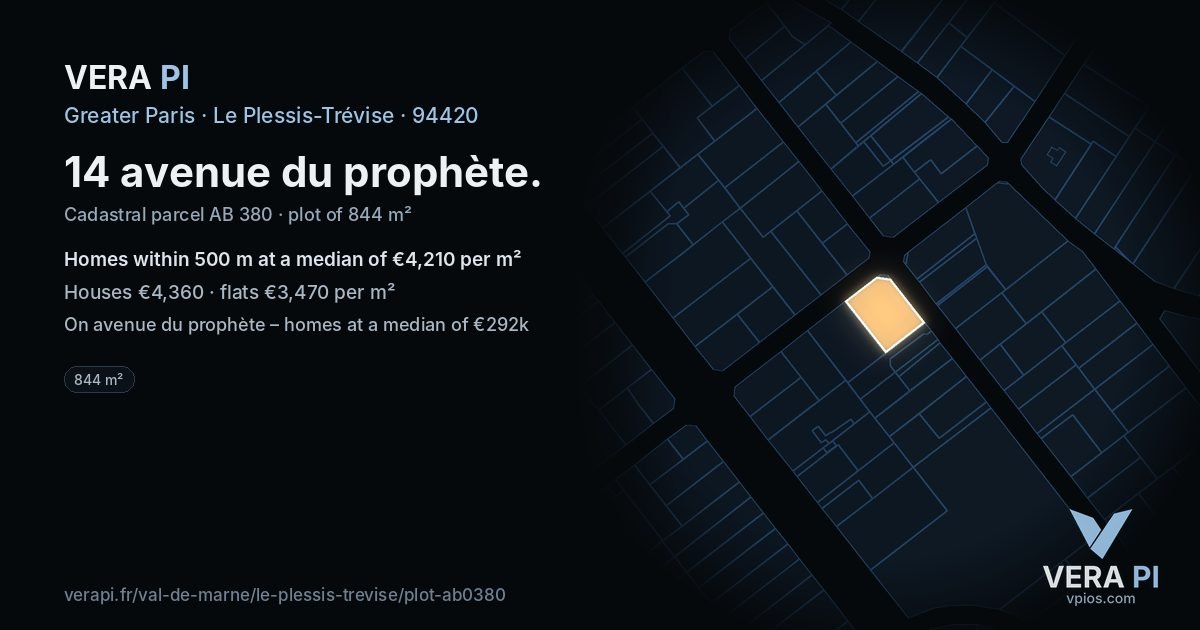 14 avenue du prophète, Le Plessis-Trévise at night – the plot lit, the parcels around coloured by the prices near them