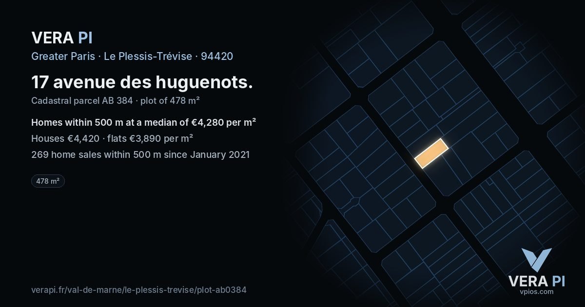 17 avenue des huguenots, Le Plessis-Trévise at night – the plot lit, the parcels around coloured by the prices near them