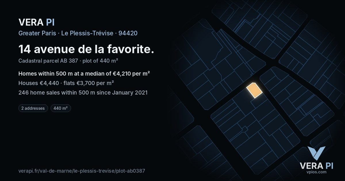 14 avenue de la favorite, Le Plessis-Trévise at night – the plot lit, the parcels around coloured by the prices near them