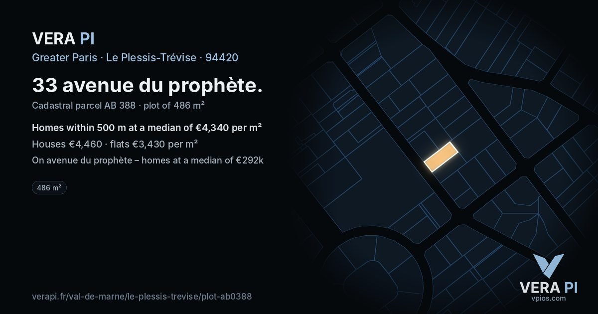 33 avenue du prophète, Le Plessis-Trévise at night – the plot lit, the parcels around coloured by the prices near them