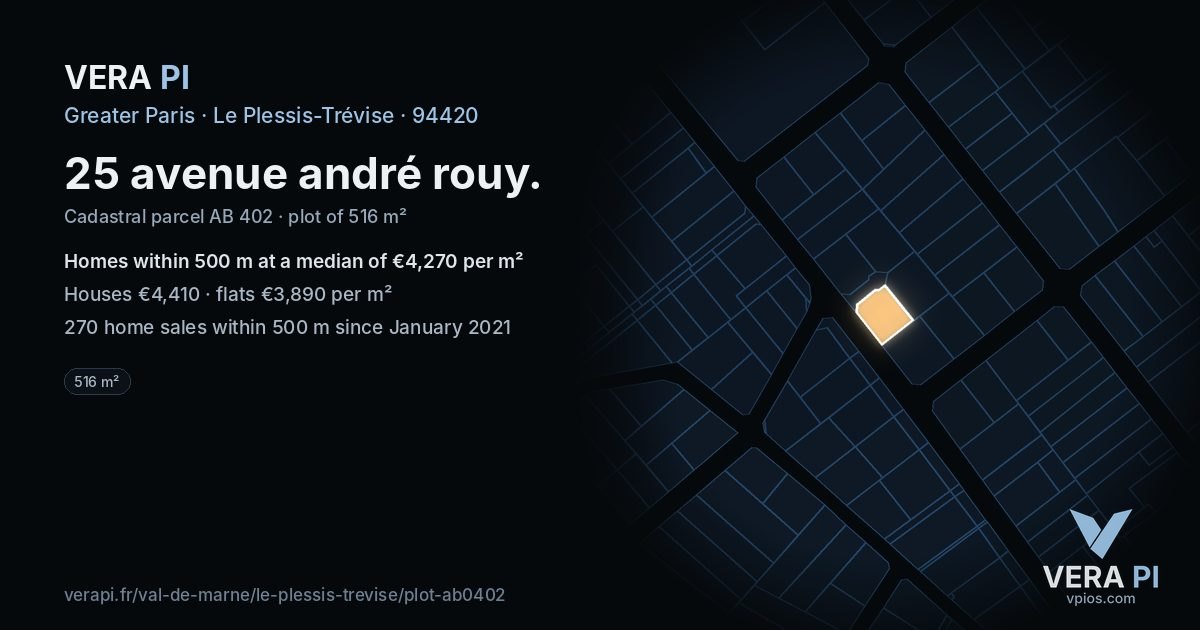 25 avenue andré rouy, Le Plessis-Trévise at night – the plot lit, the parcels around coloured by the prices near them