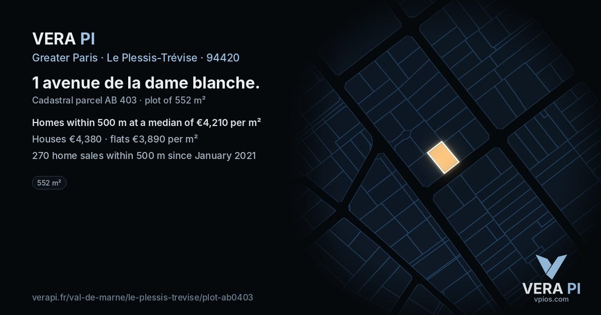 1 avenue de la dame blanche, Le Plessis-Trévise at night – the plot lit, the parcels around coloured by the prices near them