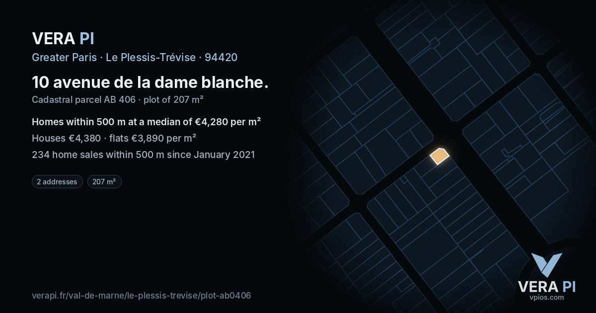 10 avenue de la dame blanche, Le Plessis-Trévise at night – the plot lit, the parcels around coloured by the prices near them
