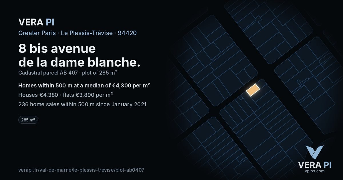 8 bis avenue de la dame blanche, Le Plessis-Trévise at night – the plot lit, the parcels around coloured by the prices near them